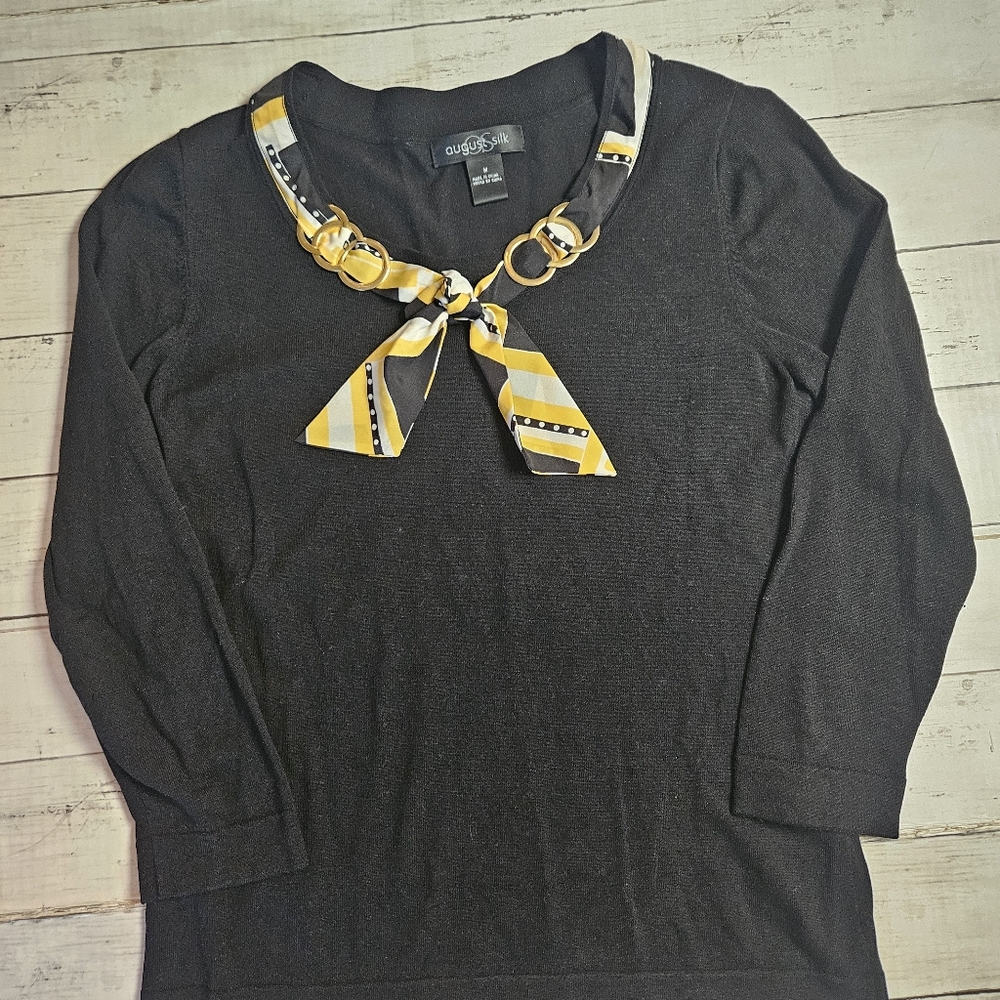 August Silk Black Top With Yellow Scarf Silk Blend Size Medium